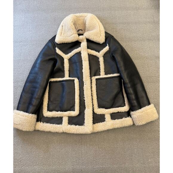 Mango Jackets & Blazers - MNG Mango Women's XS Black Faux Leather Shearling Bomber Biker Jacket Warm Coat